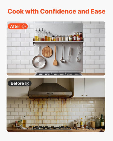 VEVOR 30" x 30" Stainless Steel Backsplash for Stove, Ultra Flat Splatter Guard with Storage Shelf & Hanging Rack, Wall Shield Range Hood Panel, Easy Clean, Pre-Drilled Holes for Easy Installation