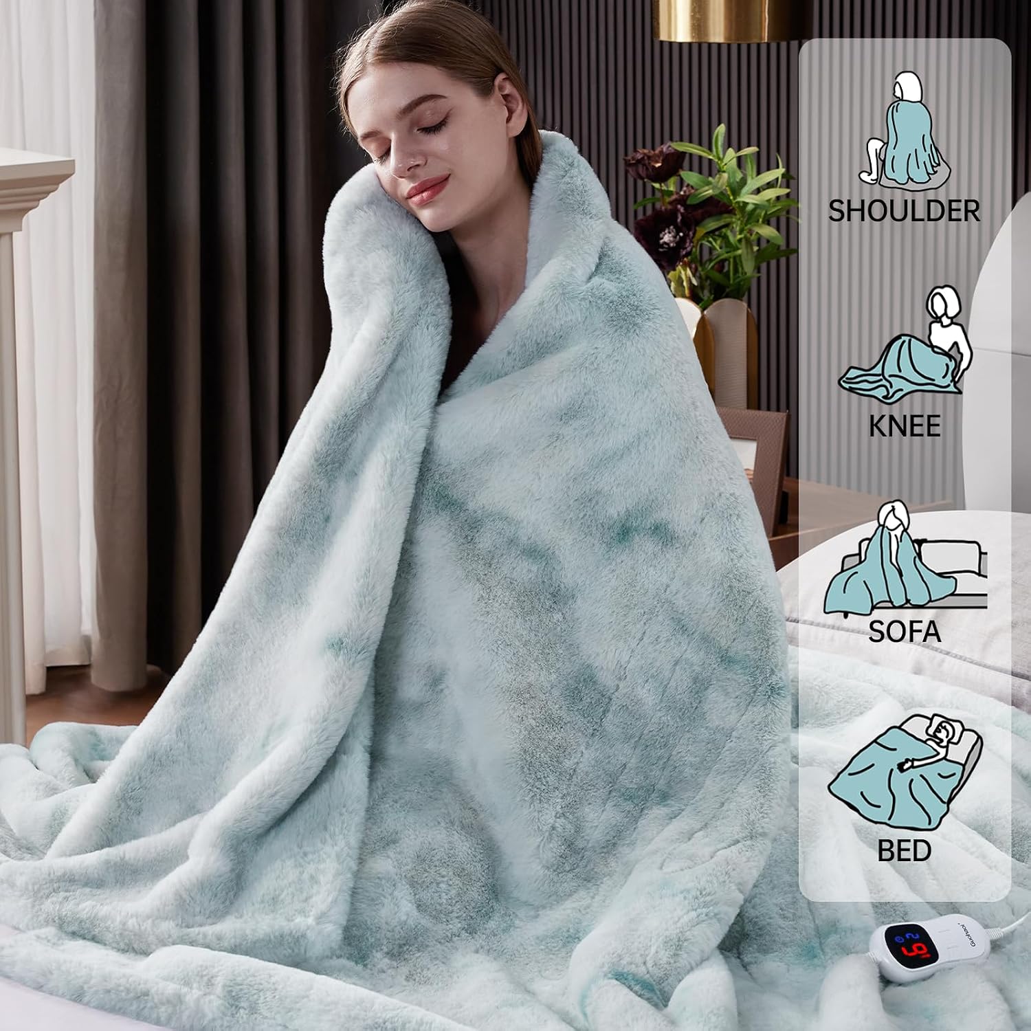 Guohaoi Heated Blanket Electric Throw, Soft Faux Rabbit Fur Electric Blanket with 10 Heating Levels 5 Sitting Timer Auto Off, Cozy Warm Heating Blankets, Machine Washable(62"×84" Blue)