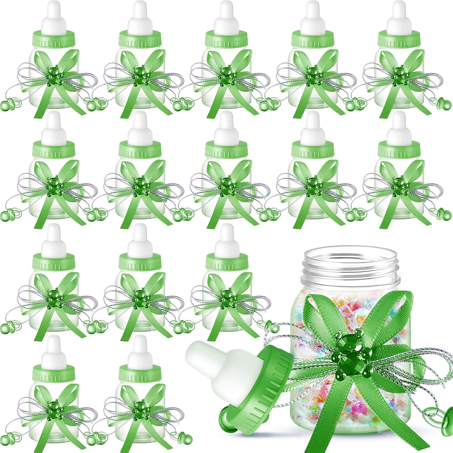 Nuenen 48 Pcs Baby Shower Milk Bottles with Ribbon Plastic Bear Candy Bottles Baby Shower Favors Gender Reveal Wedding Birthday Party Decorations(Green)