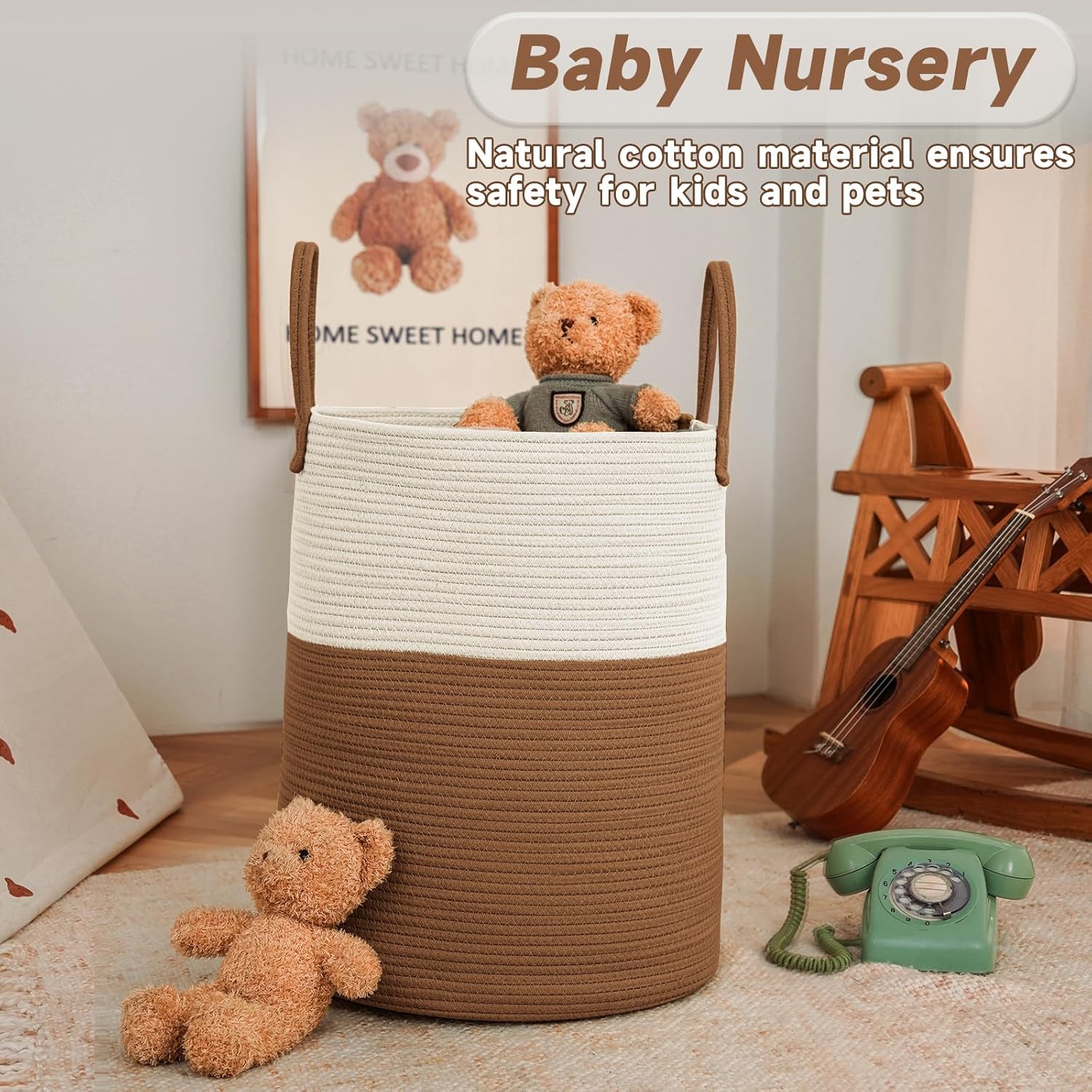 JMvicyroam 100L Cotton Rope Laundry Basket Hamper, White and Brown