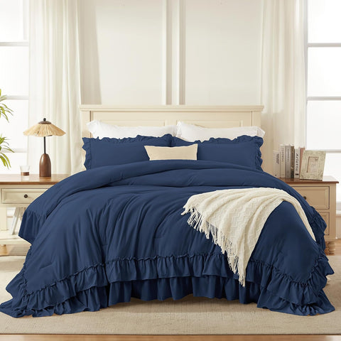 Andency Navy Blue Twin Size Ruffle Comforter Set, 2 Pieces