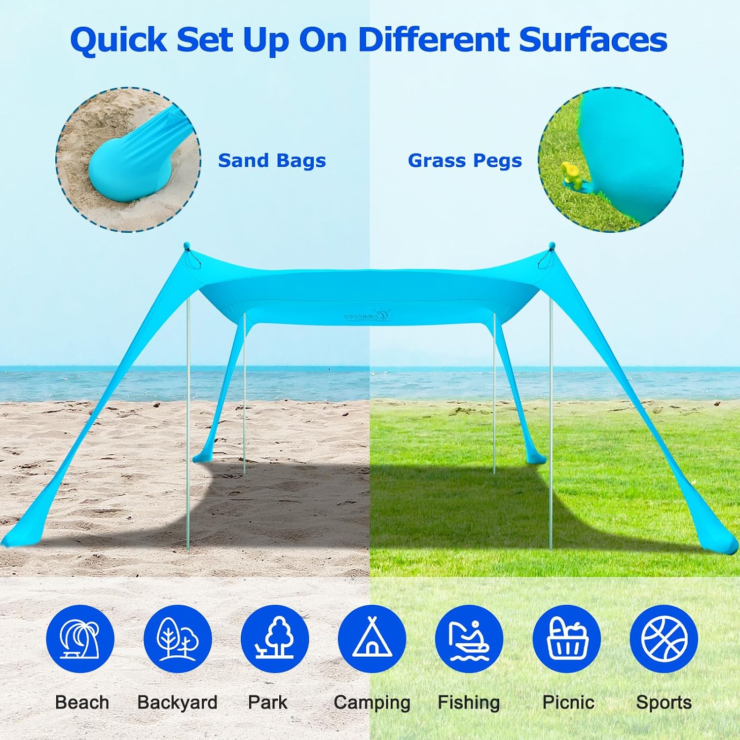 COMMOUDS Beach Tent Sun Shelter, UPF50+ Beach Shade Canopy
