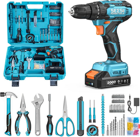Seesii 20V Power Drill Set, 183Pcs Tool Kit with Toolbox for Home DIY