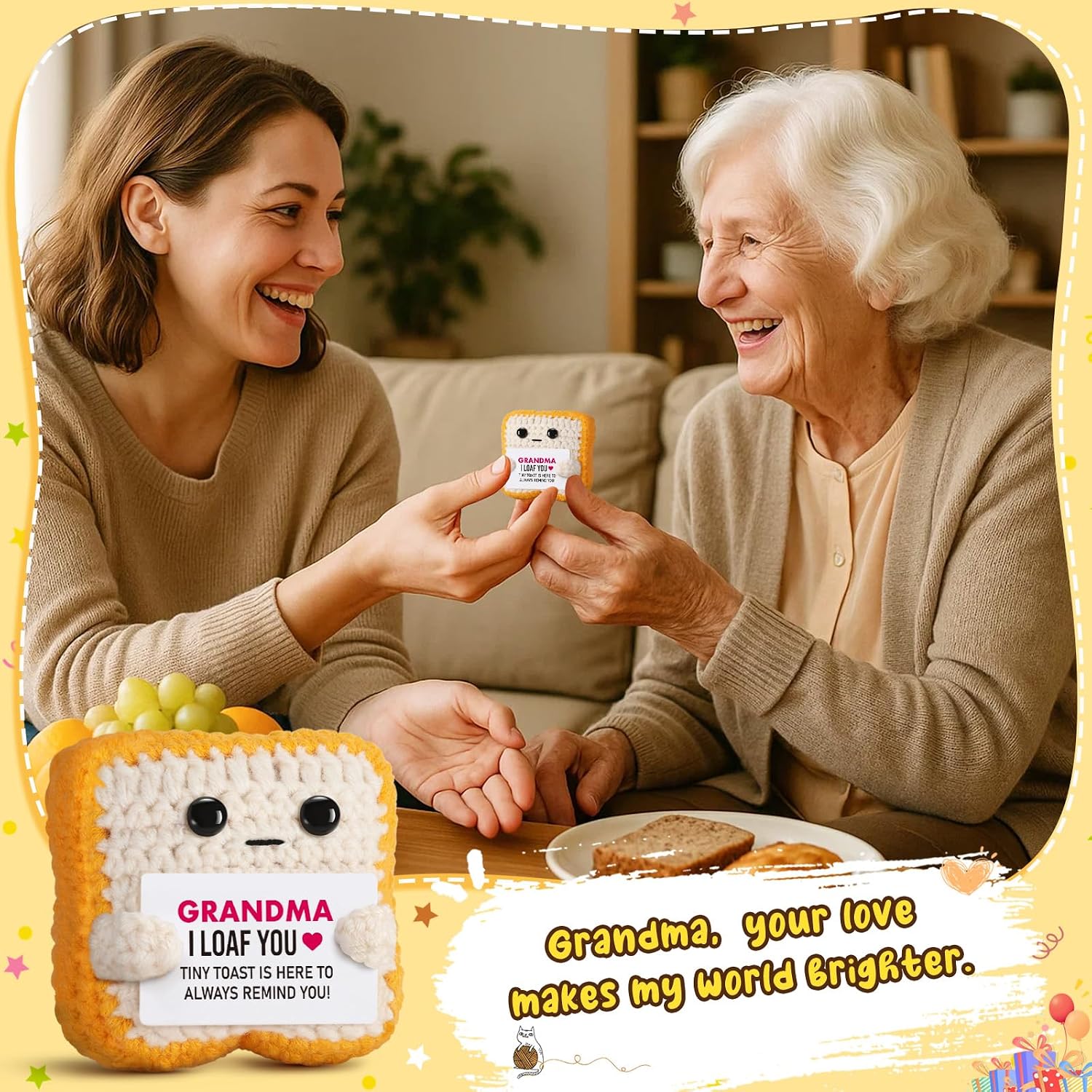 Gifts for Grandma from Granddaughter, Grandson - Funny "I Loaf You" Crochet Toast - Unique Mothers Day, Birthday, Christmas Gift for Grandma, Nana, Gigi - Cute Keepsake & Décor