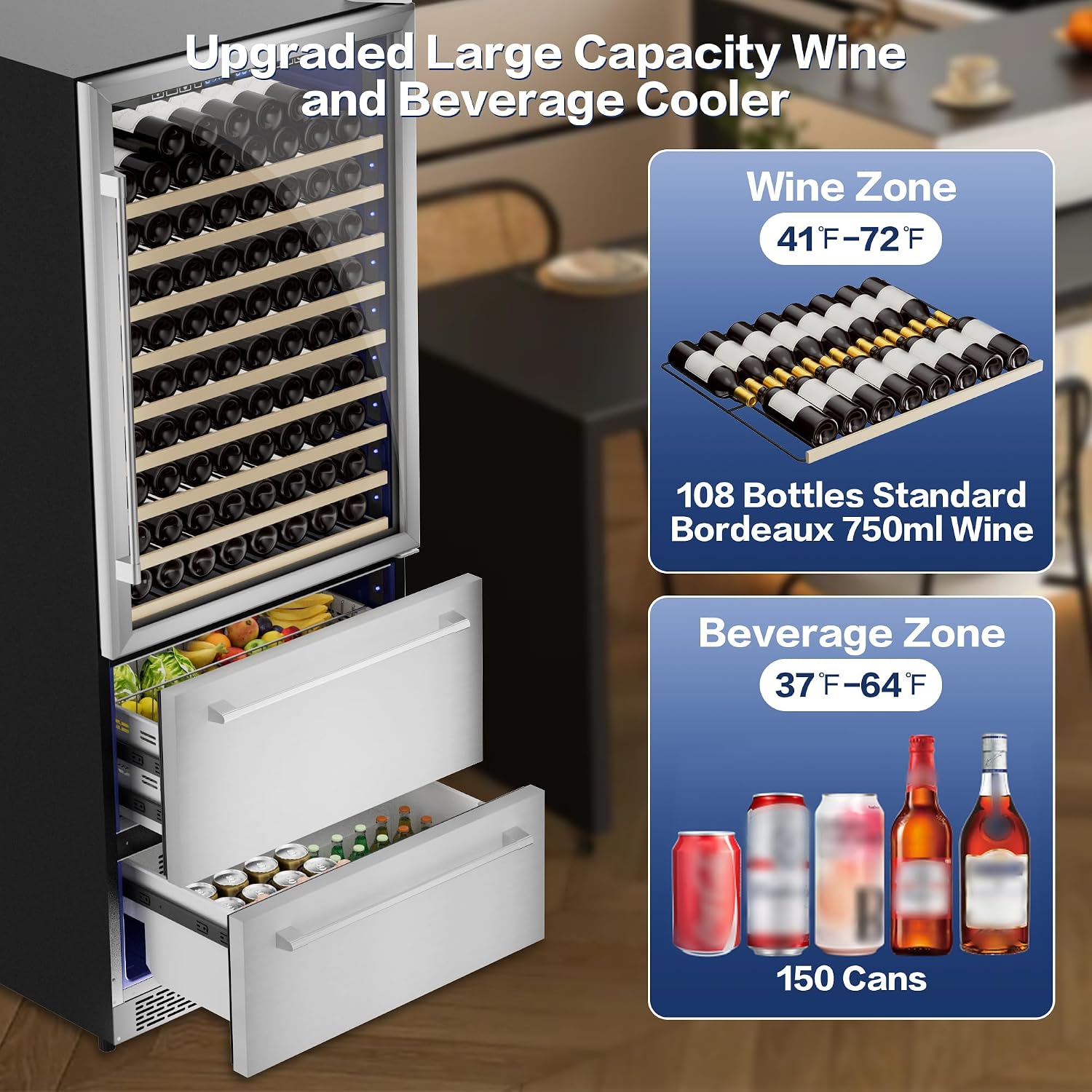 24 Inch 2-in-1 Wine & Beverage Refrigerator, Dual Zone Wine Cooler