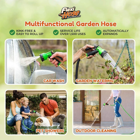 Flexi Hose Expandable Garden Hose with 8 Function Nozzle, 50FT - Lightweight Retractable Garden Hose, Water Hose - No-Kink Flexibility, 3/4 Inch Solid Brass Fittings and Double Latex Core