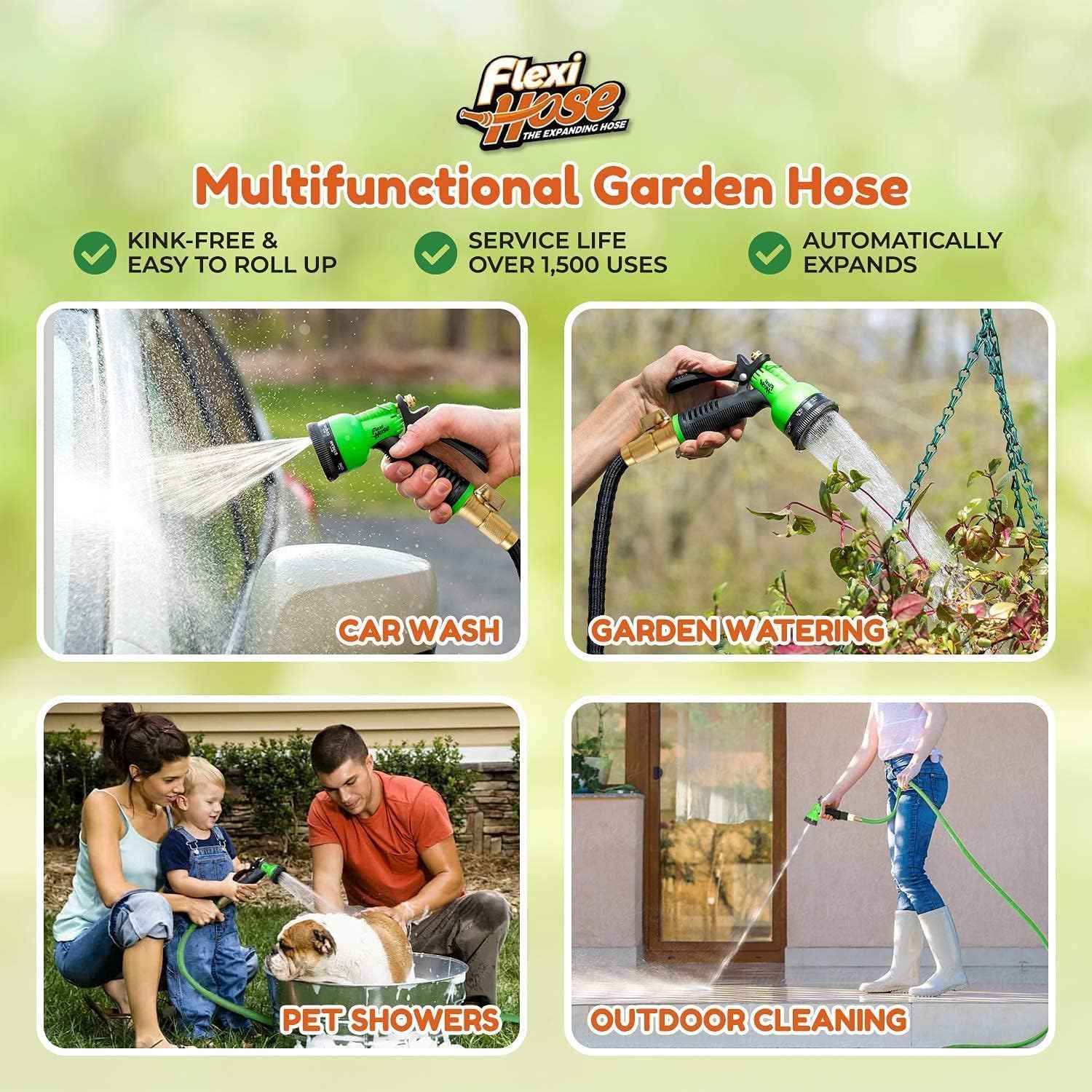 Flexi Hose with 8 Function Nozzle, 100FT - Lightweight Expandable Garden Hose, No-Kink Flexibility, 3/4 Inch Solid Brass Fittings and Double Latex Core