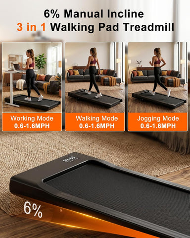 Superun Walking Pad with 6% Incline, 2.5HP Treadmill, 0.6-3.8 MPH, 300 lbs
