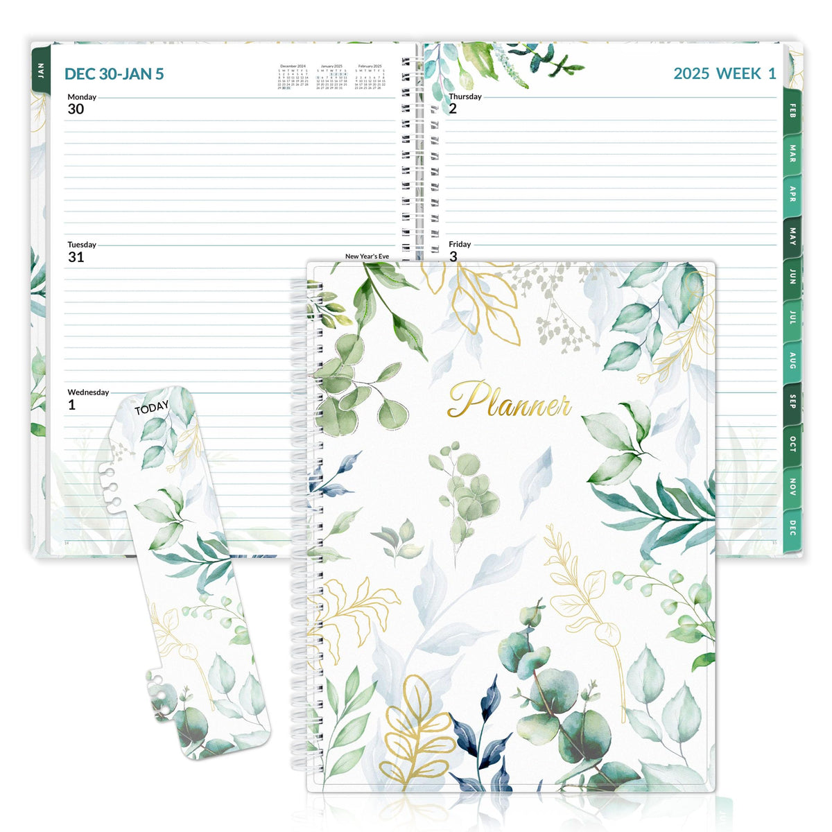 SUNEE 2025 Weekly and Monthly Planner - from January 2025 - December 2025, 8.5"x11" Daily Agenda Planner with Monthly Tab, Flexible Cover, Note Pages, Pockets, Bookmark, Spiral Binding, Eucalyptus