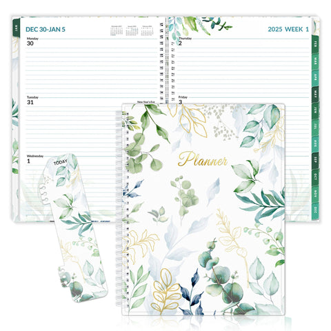 SUNEE 2025 Weekly and Monthly Planner - from January 2025 - December 2025, 8.5"x11" Daily Agenda Planner with Monthly Tab, Flexible Cover, Note Pages, Pockets, Bookmark, Spiral Binding, Eucalyptus