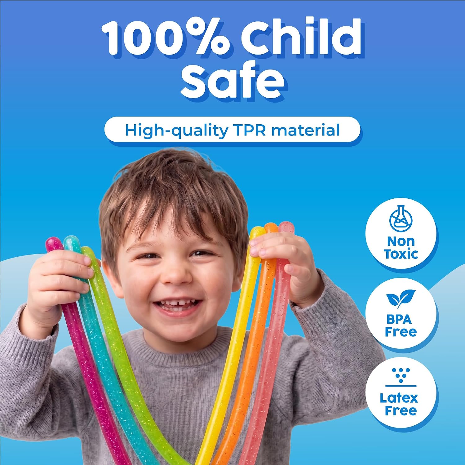 BUNMO Sensory Toys Stretchy Strings for Toddlers 3+ - Stimulating & Addictive Fidget Toys for Kids - Hours of Fun for Kids - Non-Mouthable Toy 3+ - Glitter 6 Pack