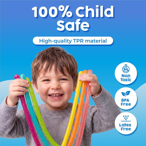 BUNMO Sensory Toys Stretchy Strings for Toddlers 3+ - Stimulating & Addictive Fidget Toys for Kids - Hours of Fun for Kids - Non-Mouthable Toy 3+ - Glitter 6 Pack