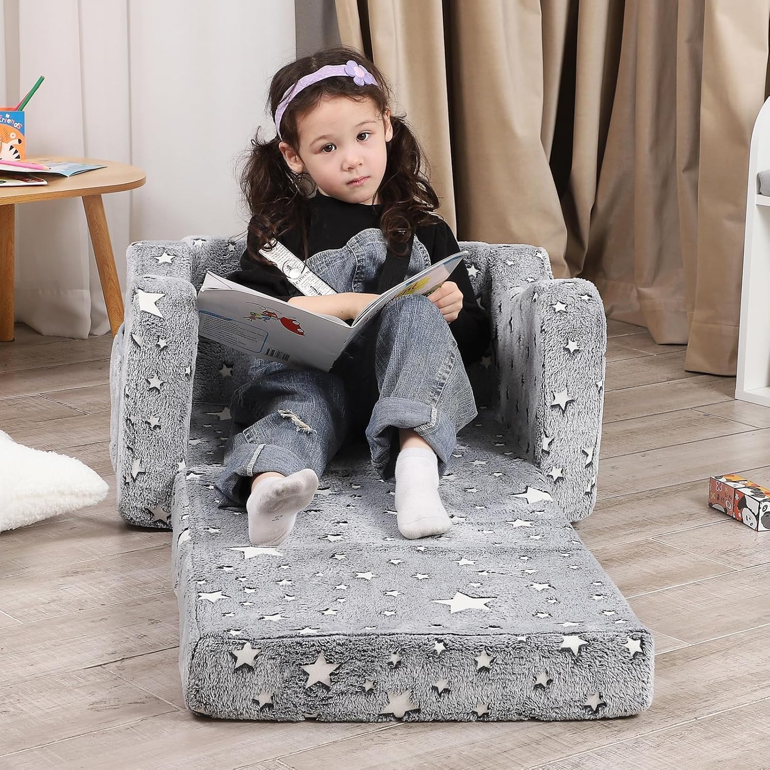 MOMCAYWEX Kids Sofa Chair, 2-in-1 Foldable Couch, Plush, Dusty Grey