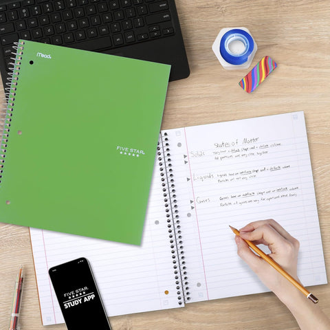 Five Star Spiral Notebook + Study App, 6 Pack, 1 Subject, Wide Ruled 8" x 10.5" Paper, 100 Sheets, Fights Ink Bleed, Water Resistant Cover, Assorted Colors (38042)