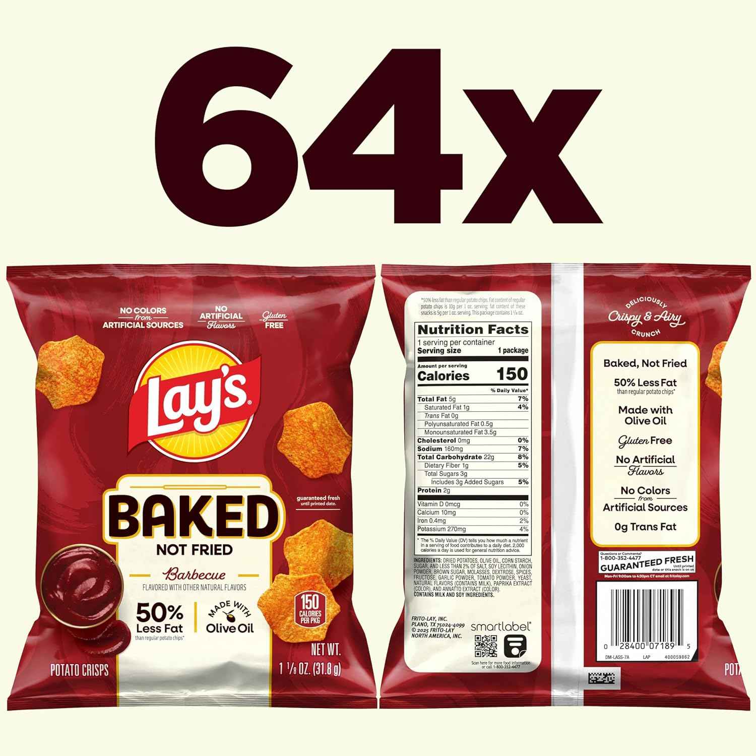 Baked Lay’s Potato Chips, Barbecue, 1.125 oz Bags, (64 Pack), 50% Less Fat, Gluten Free, No Artificial Flavors, No Colors from Artificial Sources