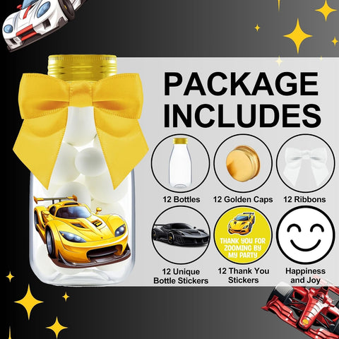 Ethisa Small 12 Pack Race Car Party Favors - DIY Candy Jars with Ribbons and Stickers - Party Decoration Bottles for Birthday and Baby Shower - Racecar Table Centerpieces