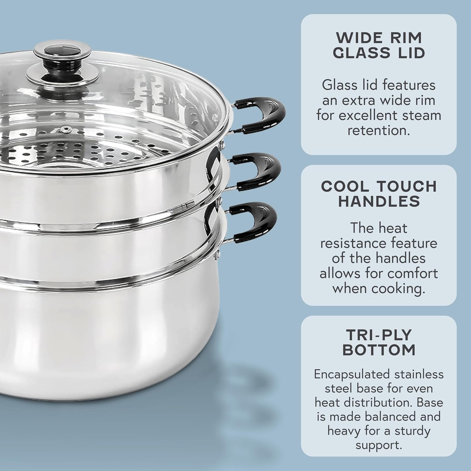 Concord 30 CM Stainless Steel 3 Tier Steamer Pot Steaming Cookware - Triply Bottom