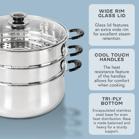 Concord 30 CM Stainless Steel 3 Tier Steamer Pot Steaming Cookware - Triply Bottom