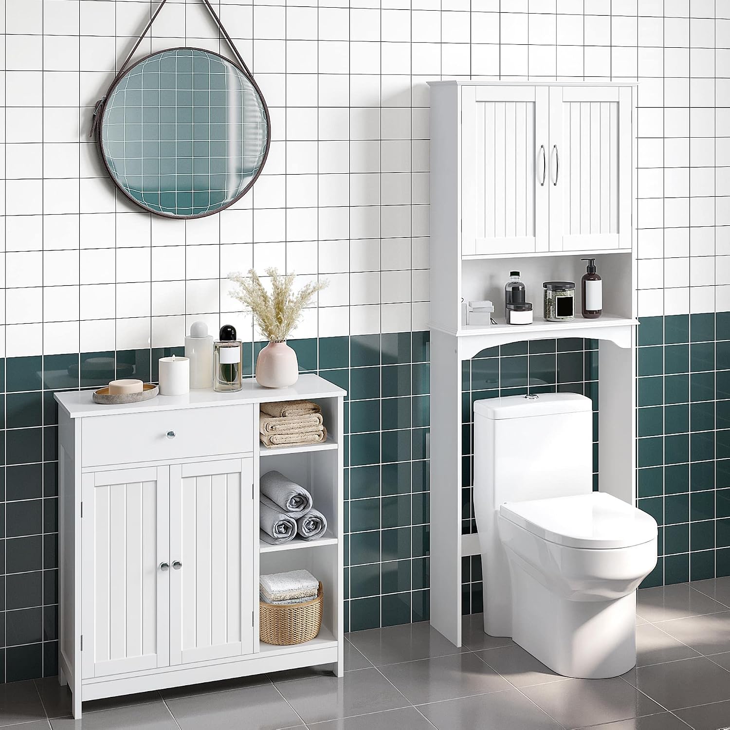 Yaheetech Bathroom Storage Cabinet with Drawer and 2 Beadboard Doors, White