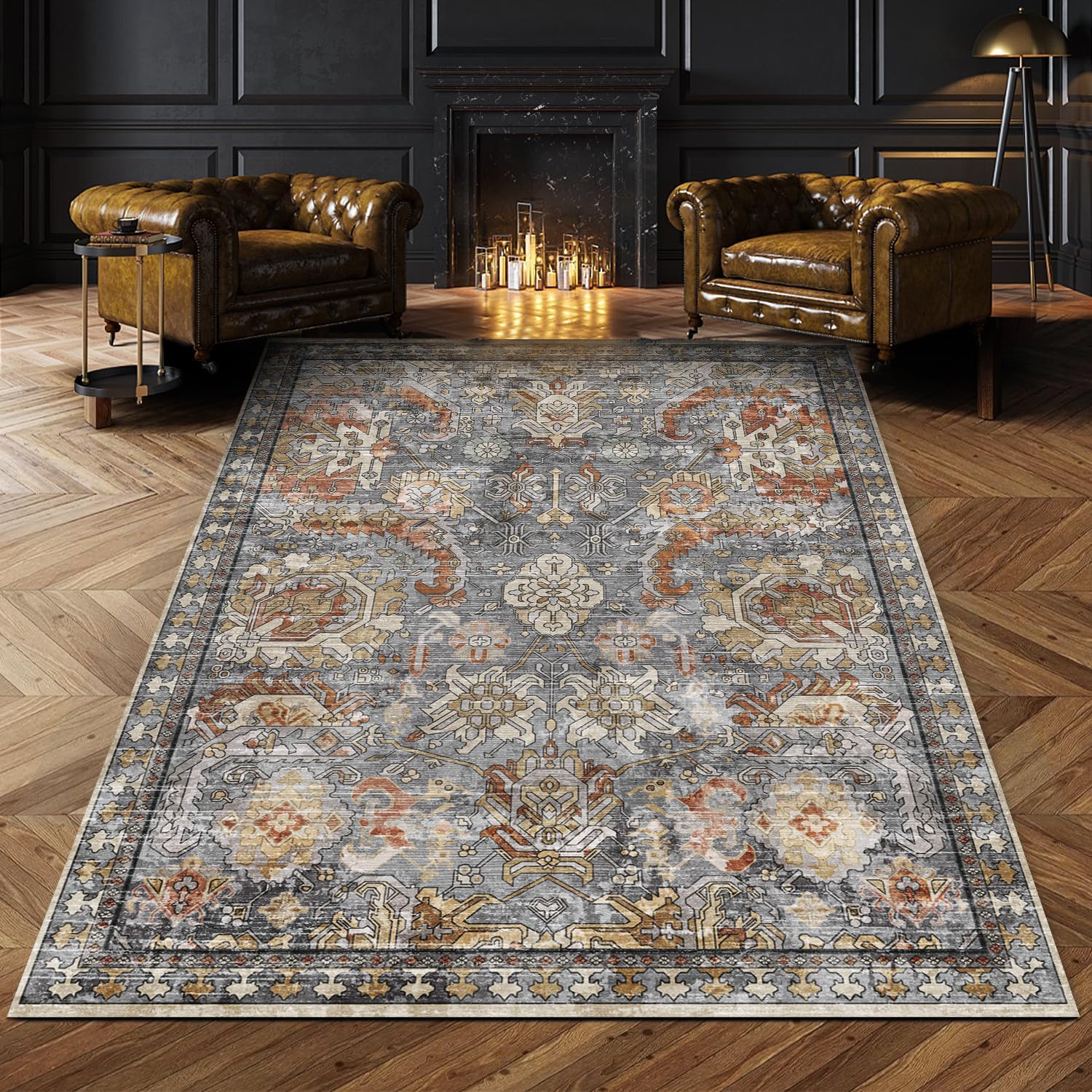 RUGSURE Washable Area Rugs - Perfect for Living Room, Bedroom, Kids Room, Nursery - Stain & Water Resistant Non-Slip, Pet & Child Friendly, Vintage Tribal Area Rugs (Turmeric and Grey, 5' x 7')