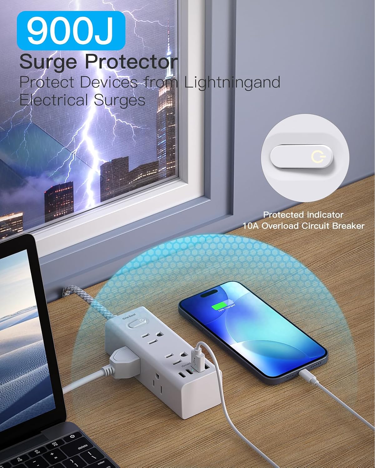One Beat Surge Protector Power Strip, 6 Outlets with 4 USB Ports(2 USB C)