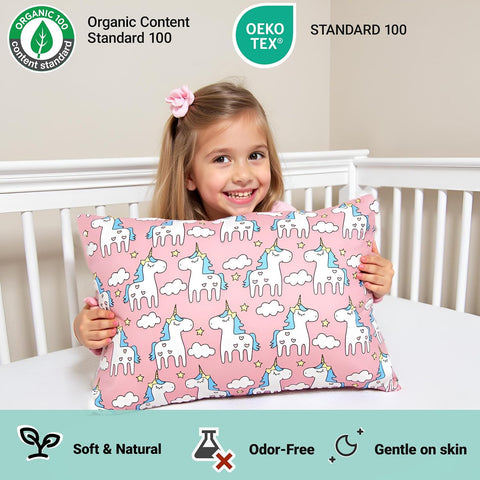 ZPECC Toddler Pillow with Pillowcase 2 Pack - 13x18 Organic Cotton Hypoallergenic Kids Pillow, Baby Essentials for Travel Crib Daycare Stroller (Intended for Age 2 and up) Pink Unicorn
