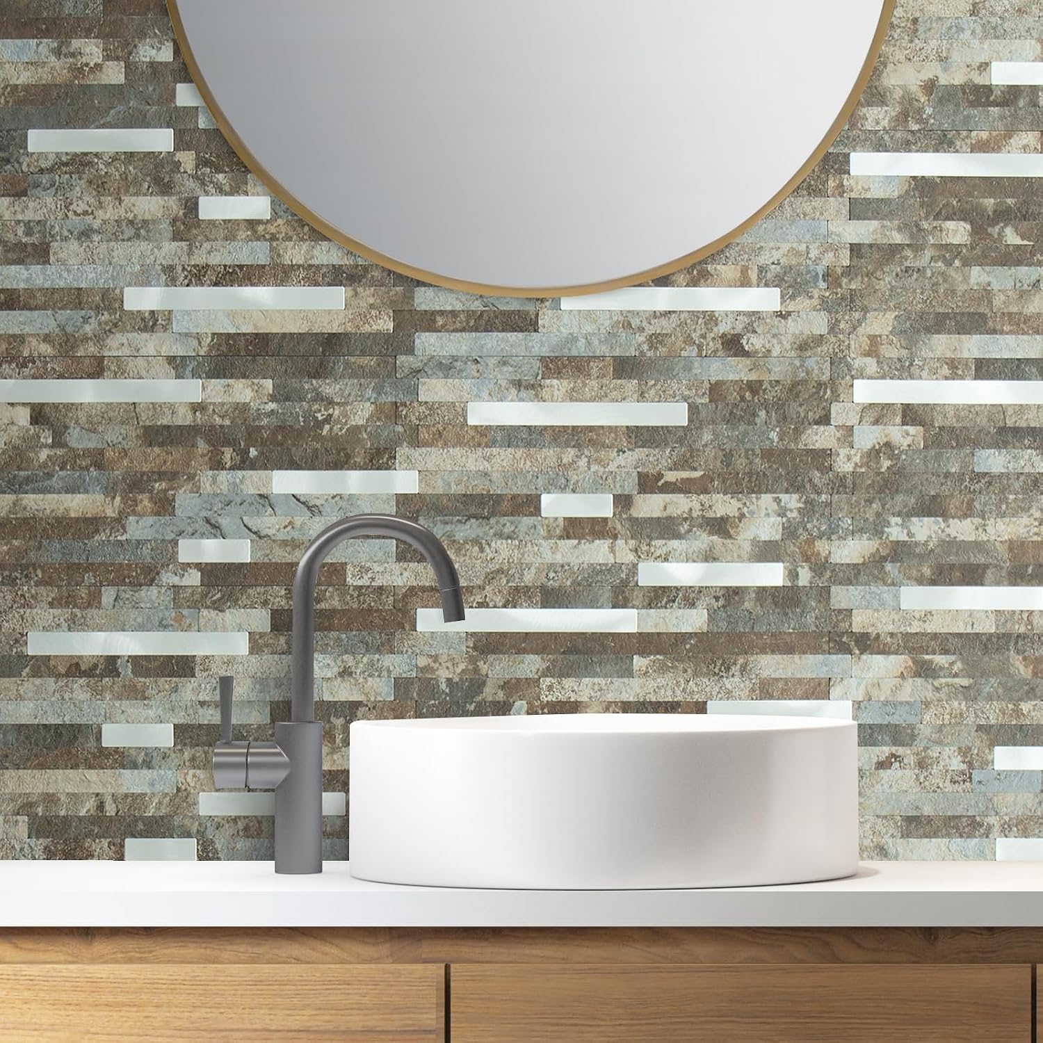 AULIGET 2 Sheets Beige & Brown Slate Peel and Stick Backsplash, PVC Mixed Metal Silver Wall Tile Stick on Backsplash for Kitchen and Bathroom