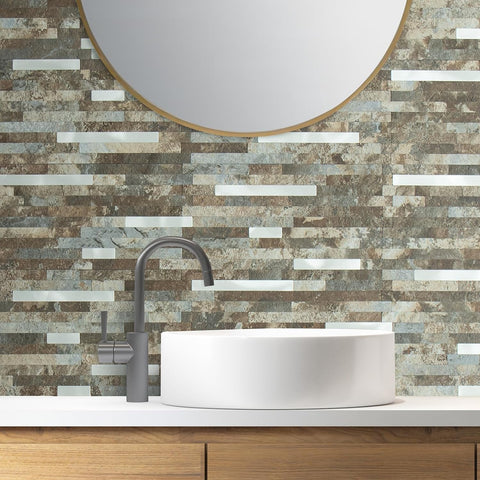 AULIGET 2 Sheets Beige & Brown Slate Peel and Stick Backsplash, PVC Mixed Metal Silver Wall Tile Stick on Backsplash for Kitchen and Bathroom