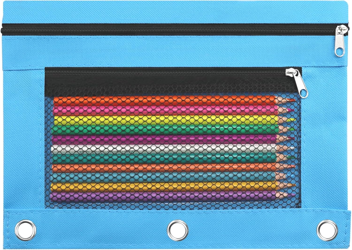 Pencil Pouch for 3 Ring Binder - 3 Hole Zipper Pen Case Bag Holder Bulk Accessories Clear Window Aesthetic Organizer Pockets (Azure)