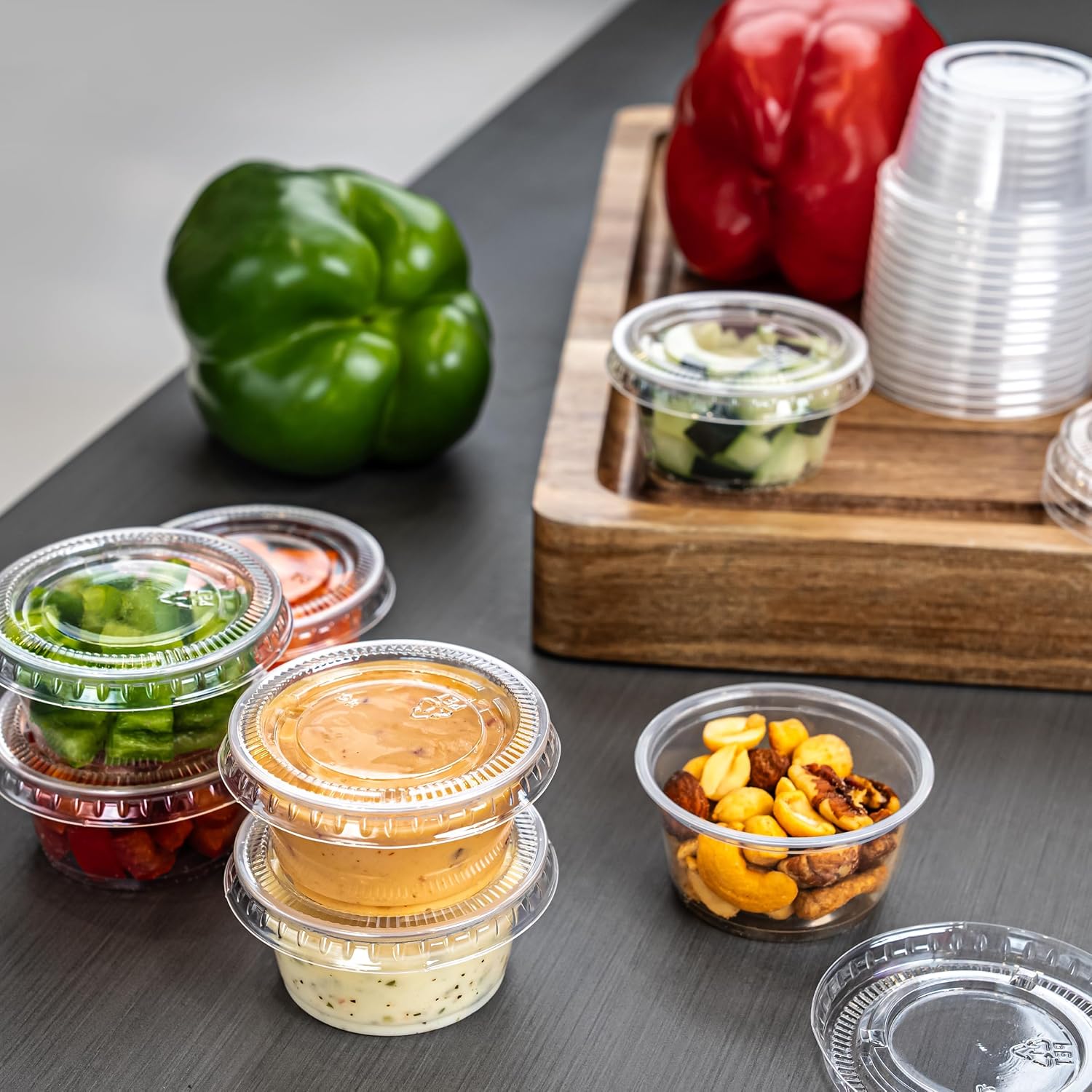 Amazon Basics Disposable Plastic To-Go Cups and Lids, Mini, 2oz, 50 Count, BPA Free, for Condiment, Salad Dressing, Sauces, Jello Shots