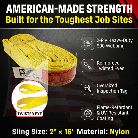 DD Sling (USA Made). 2" wide X (4' to 20' lengths) in Listing! 2 Ply Twisted Eye, Nylon Lifting Slings, Eye & Eye, Heavy Duty (900 webbing), 6,400 lbs Vertical, 5,100 Choker, 12,800 Basket Load Capacity (2inX16ft)
