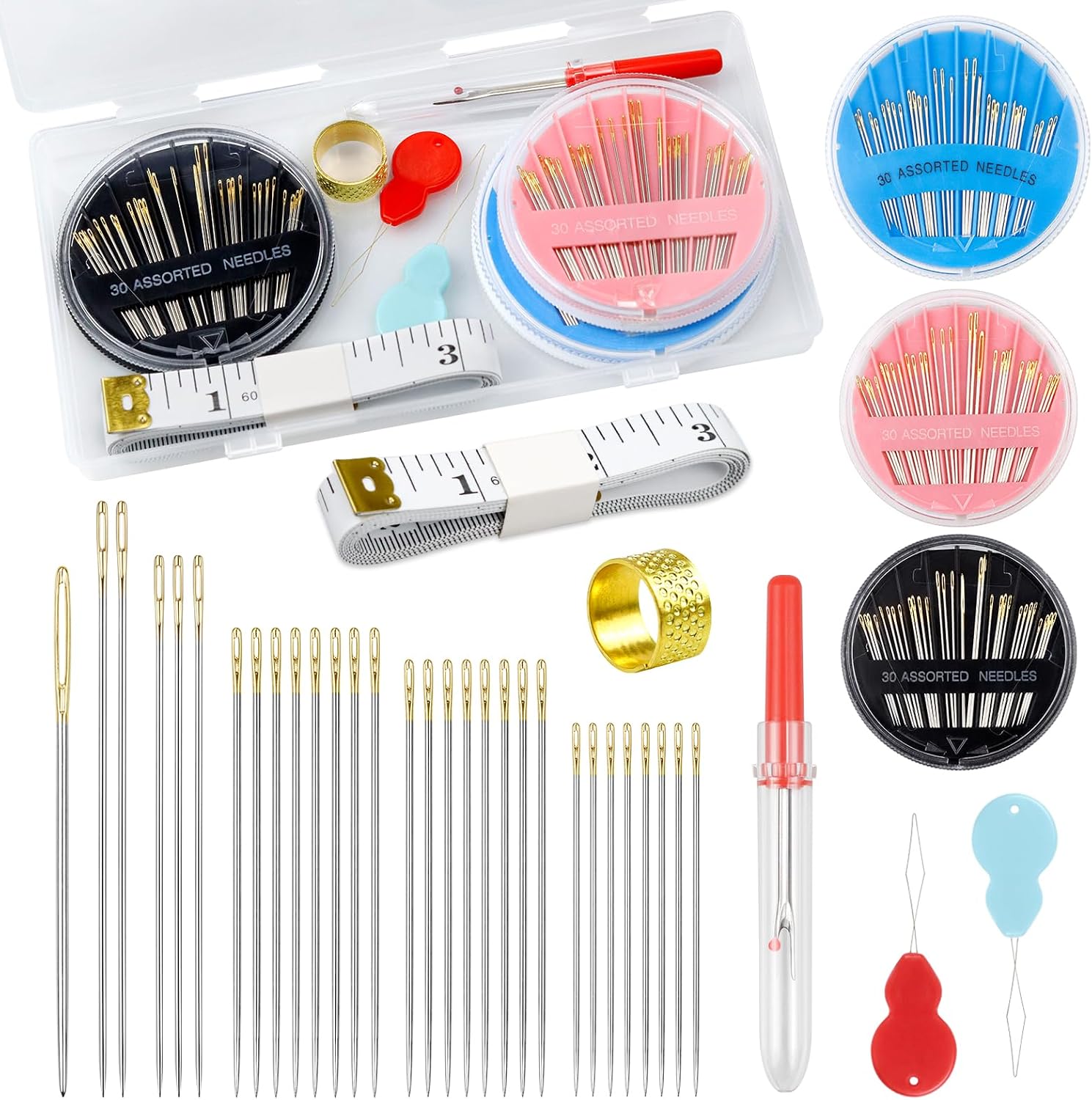 FIVEIZERO Premium Hand Sewing Needles Set,90-Count Assorted Embroidery Needles with threaders,Thread Removal Knife, Thimble,Soft Tape Measure for Hand Sewing Repair
