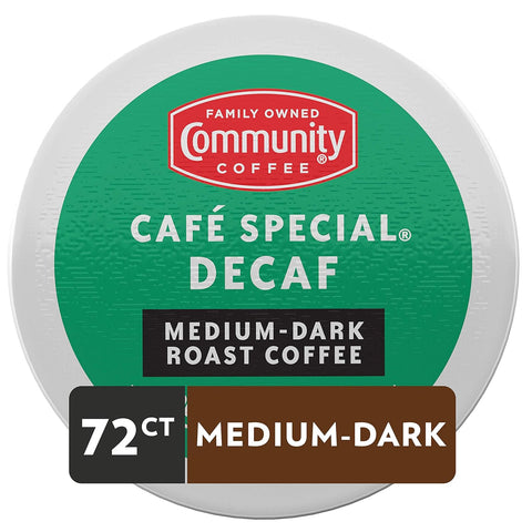 Community Coffee Cafe Special Decaf 72 Count Coffee Pods, Medium Dark Roast Decaf, Compatible with Keurig 2.0 K-Cup Brewers, 12 Count (Pack of 6)