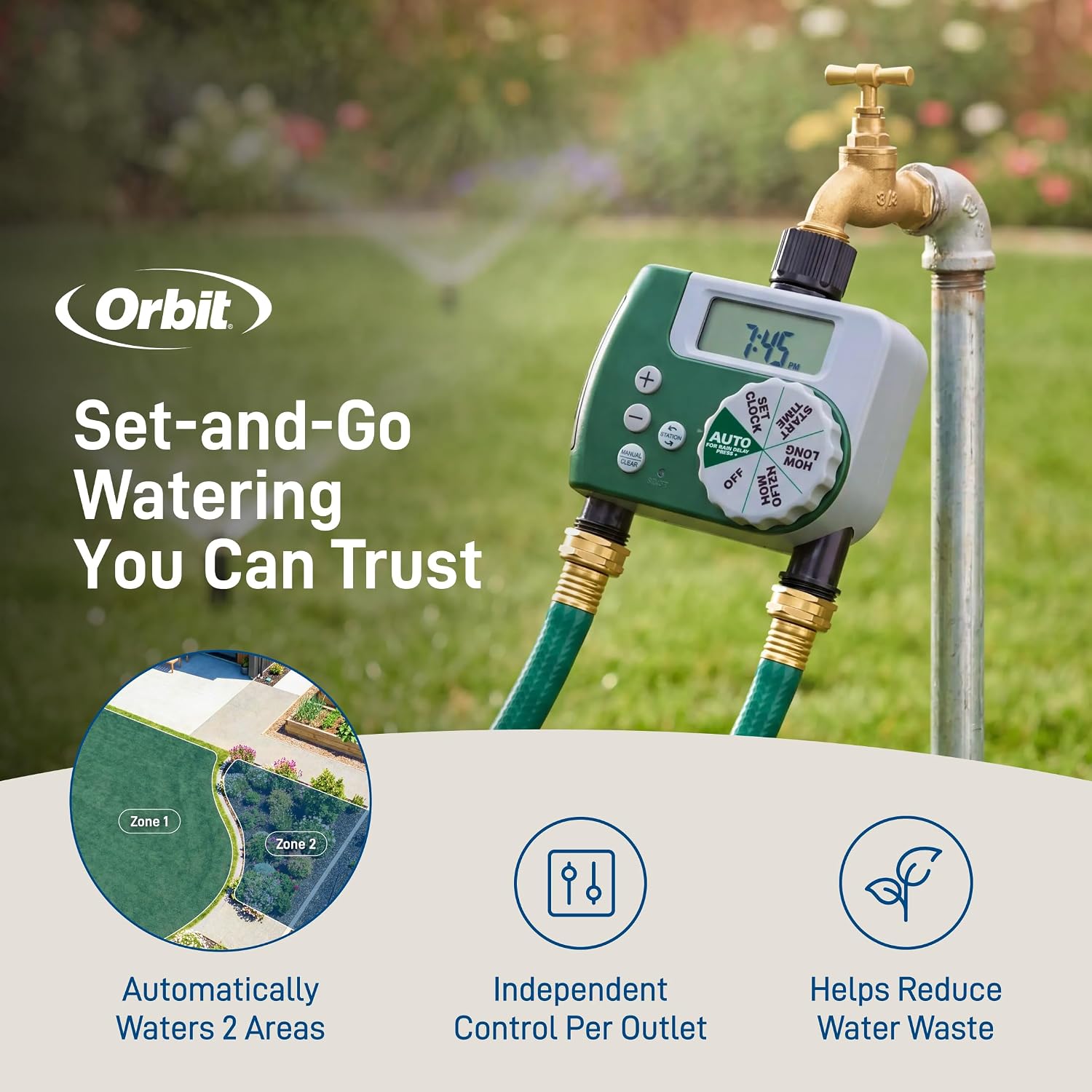 Orbit Programmable Digital Hose Watering Timer - 2 Outlet - Battery Powered - with LCD Screen - Built-in Rain Delay - Water-Resistant - 58910