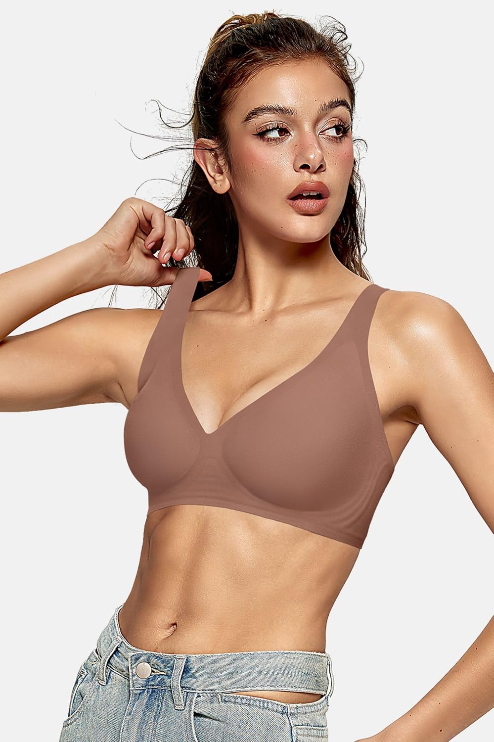 OEAK Womens Jelly Bras Wireless Deep V Comfy Push Up Tshirt Bras L+ Coffee