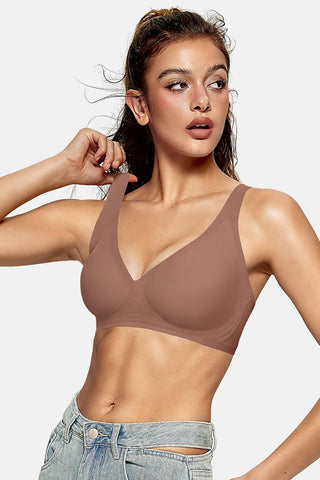 OEAK Womens Jelly Bras Wireless Deep V Comfy Push Up Tshirt Bras L+ Coffee