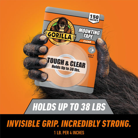 GORILLA Invisible Hold Mounting Tape, 1" x 150", Clear, 2-Pack