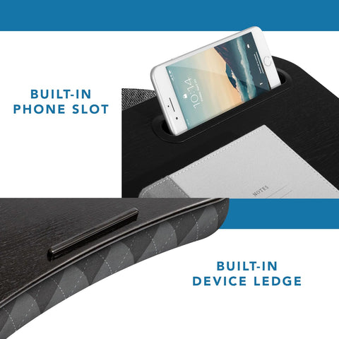 LAPGEAR Designer Lap Desk – Gray Argyle, Fits 15.6” Laptops | Built-In Phone Slot, Device Ledge, Conforming Microbead Cushion, Carry Handle