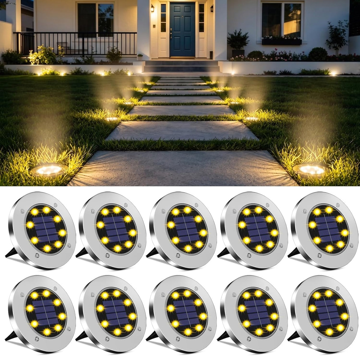 OULONGER 4.6inch Solar Ground Lights, Garden Solar Outdoor Waterproof Pathway Bright In-Ground Landscape Lights for Patio, Lawn, Yard, Driveway, Step and Walkway(Warm Light 10Packs)