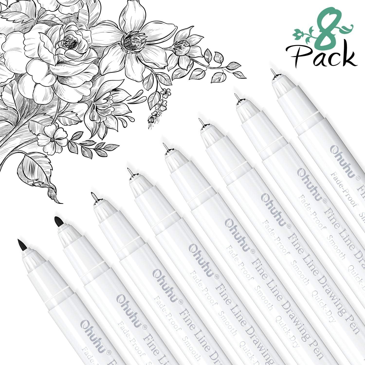 Ohuhu Fineliner Micro Drawing Pens: 8-size Tips (Ultra-fine, Fine & Brush)