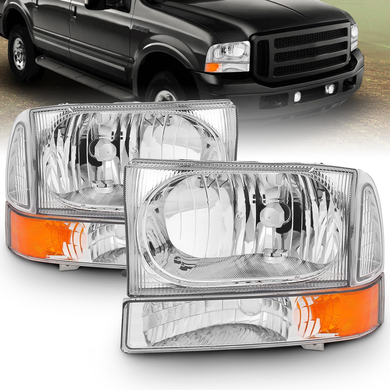 AmeriLite for 1999-2004 Ford Super Duty F250 F350 F450 F550 | Excursion Chrome Factory Style Replacement Headlights w/Corner Bumper Corner Set - Passenger and Driver Side