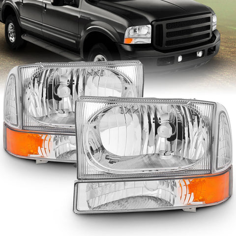 AmeriLite for 1999-2004 Ford Super Duty F250 F350 F450 F550 | Excursion Chrome Factory Style Replacement Headlights w/Corner Bumper Corner Set - Passenger and Driver Side