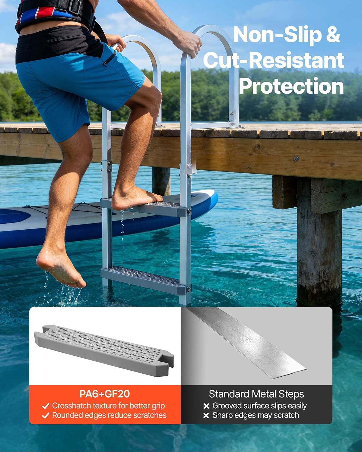 VEVOR Removable Dock Ladder, 3 Steps, Aluminum Alloy Pontoon Boat Swim Ladder, with Non-Slip Wide PP Steps, 500 lbs Weight Capacity, Quick Release Design, for Lake Swimming, Pool, Marine Boarding