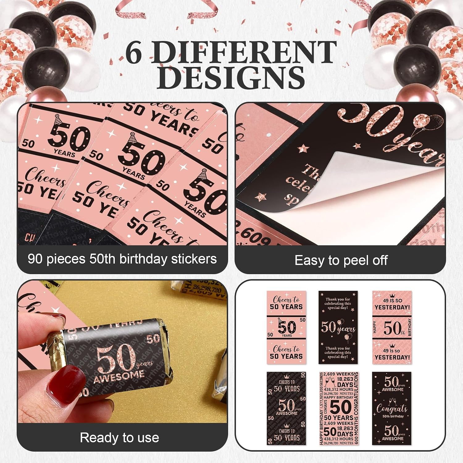 Tenare 90 Pcs 50th Birthday Candy Wrappers, Pink Stickers