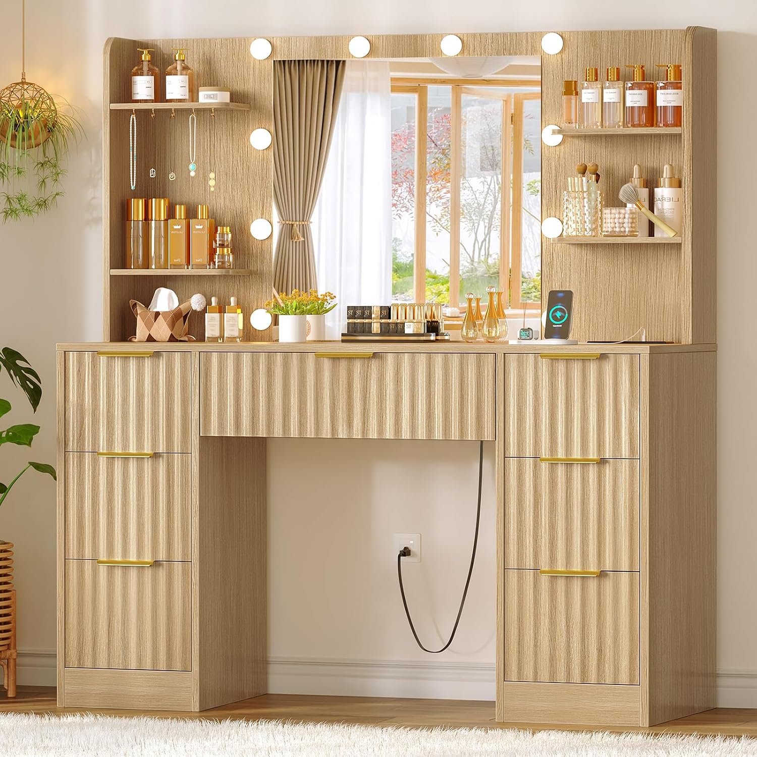 Quimoo Fluted Vanity Desk with Mirror and Adjustable LED Lights & Power Outlet, Makeup Vanity Desk with 7 Drawers,4 Shelves and 5 Hooks, Vanity for Girls, Natural Oak