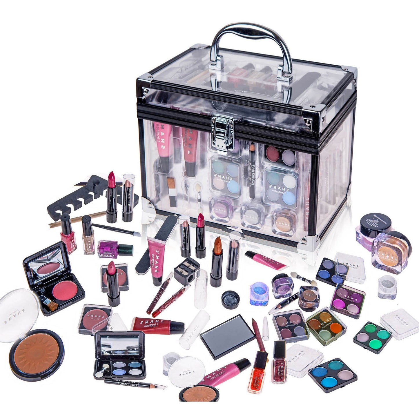 SHANY Carry All Trunk Makeup Train Case with Re-usable Aluminum Makeup Storage Case. Non Toxic Color Make up Set with Eye palettes, Blushes,Makeup Powders, Manicure, Pedicure and Makeup Brushes.