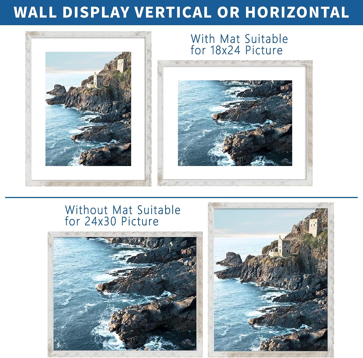 Hongkee 24x30 Frame Set of 2, Distressed White Wood Style - Display 18x24 Picture Frame with Mat or 24 x 30 Poster without Mat, Wall Mounting Horizontal and Vertical