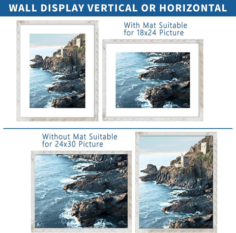 Hongkee 24x30 Frame Set of 2, Distressed White Wood Style - Display 18x24 Picture Frame with Mat or 24 x 30 Poster without Mat, Wall Mounting Horizontal and Vertical