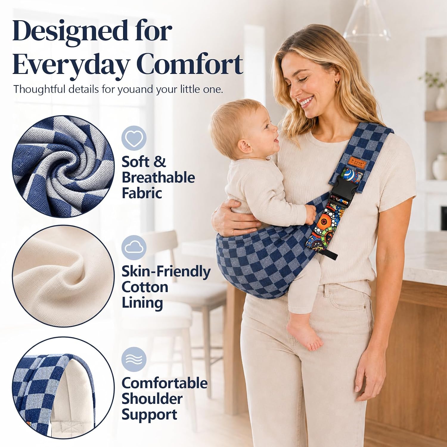 Baby Sling Carrier, Baby Carrier Newborn to Toddler with Adjustable Strap, Non-Slip Baby Half Wrapped Sling Hip Carrier 10-30lbs (Blue Square)