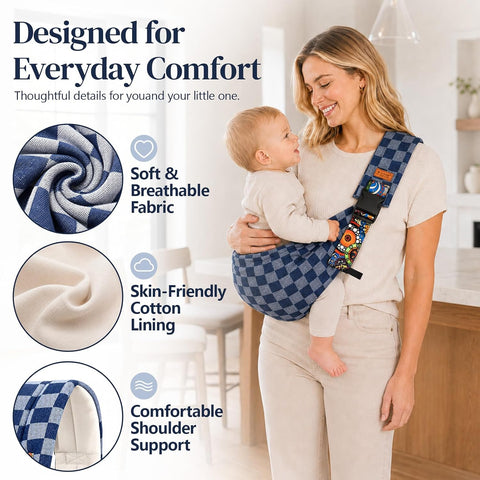 Baby Sling Carrier, Baby Carrier Newborn to Toddler with Adjustable Strap, Non-Slip Baby Half Wrapped Sling Hip Carrier 10-30lbs (Blue Square)